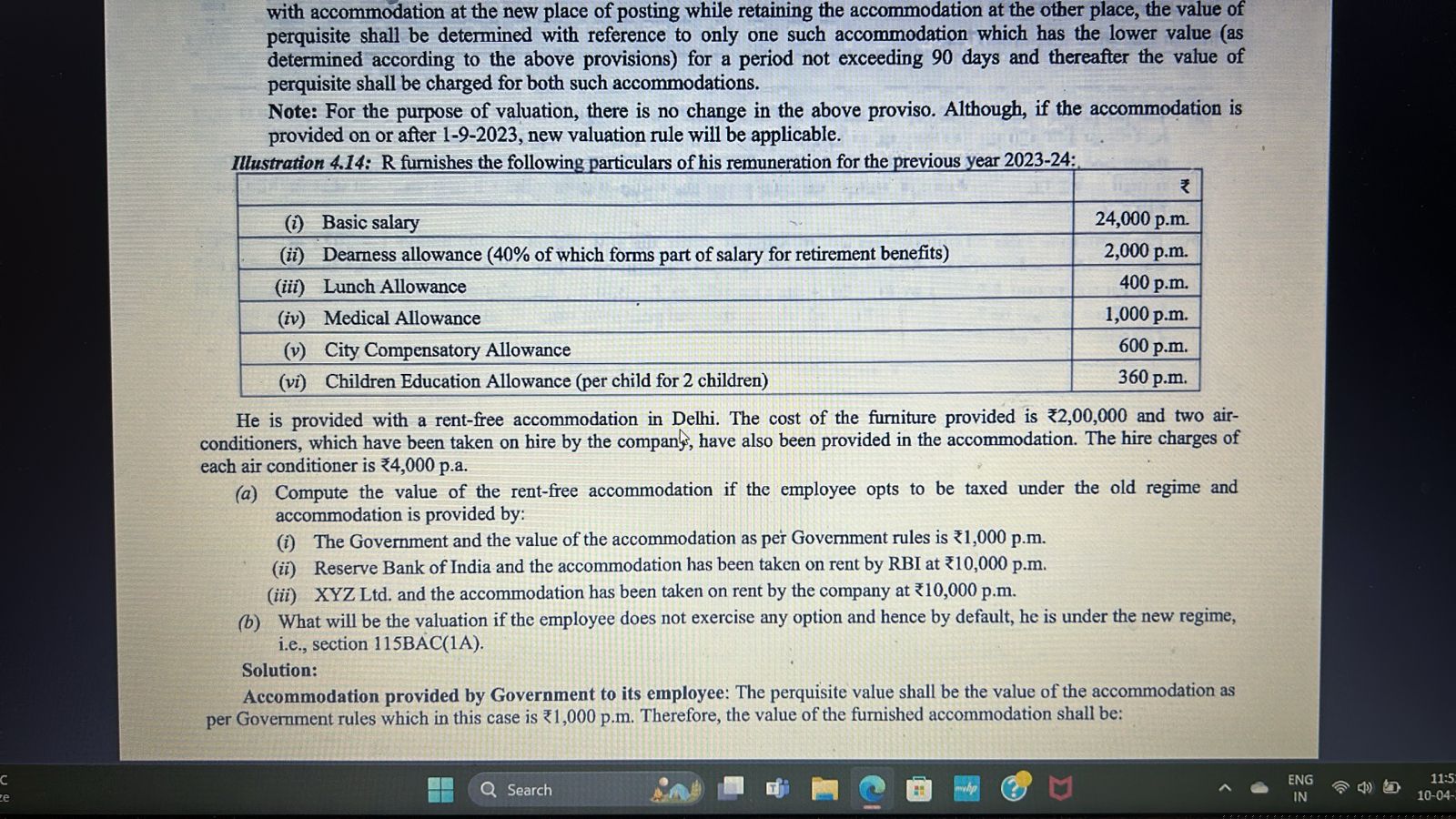 Image attached to the doubt: Isme rent free accomodation ki value calculate krdo koi please