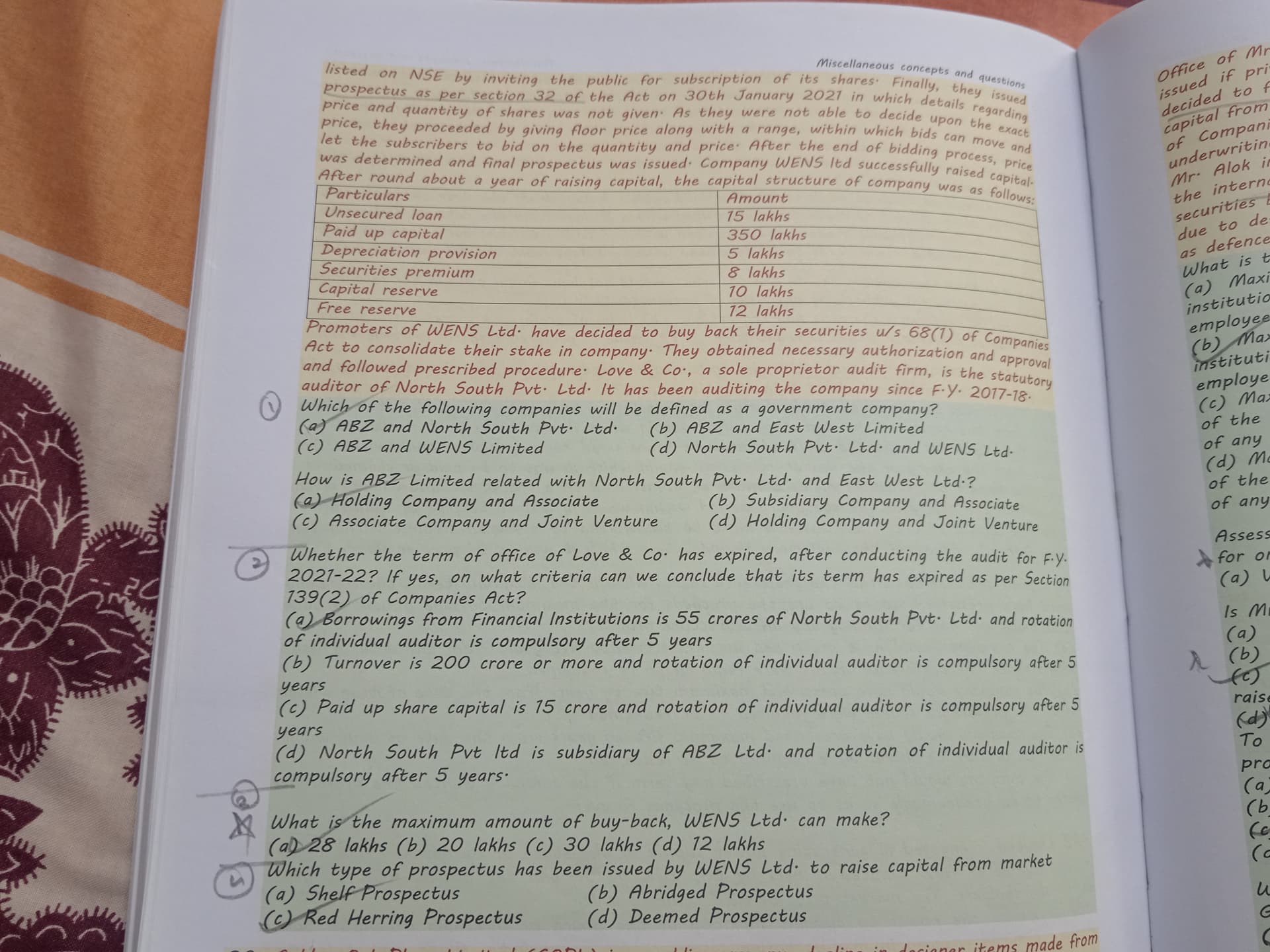 Image attached to the doubt: how to find the maximum amount of buyback, WENS Ltd. can make. (ca inter law)