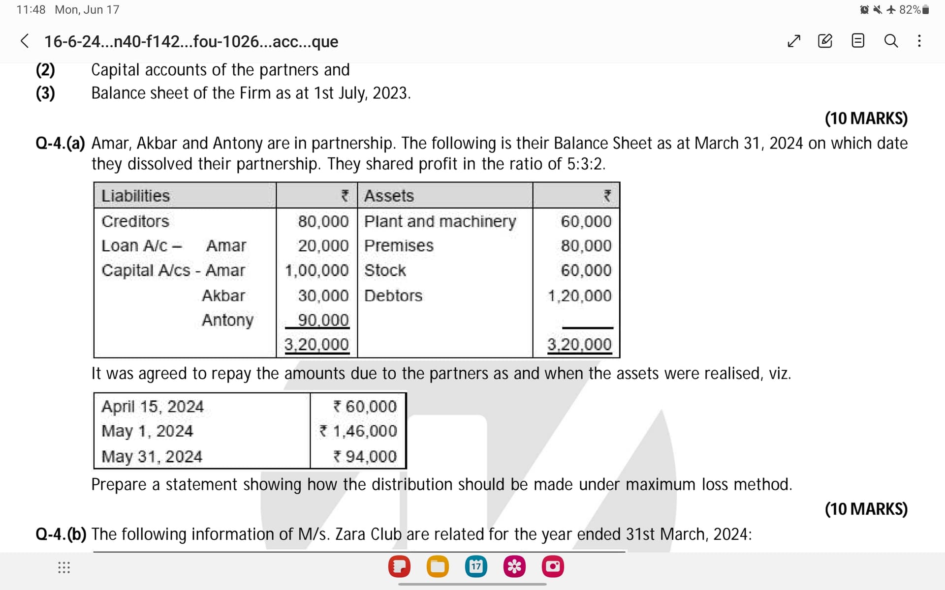 Image attached to the doubt: Qestion no. 4(A)