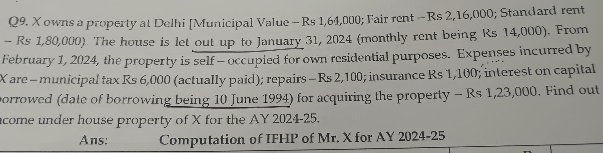 Image attached to the doubt: intrest on capital 10 june 1994 it is before 1 apr 1999 what is deduction