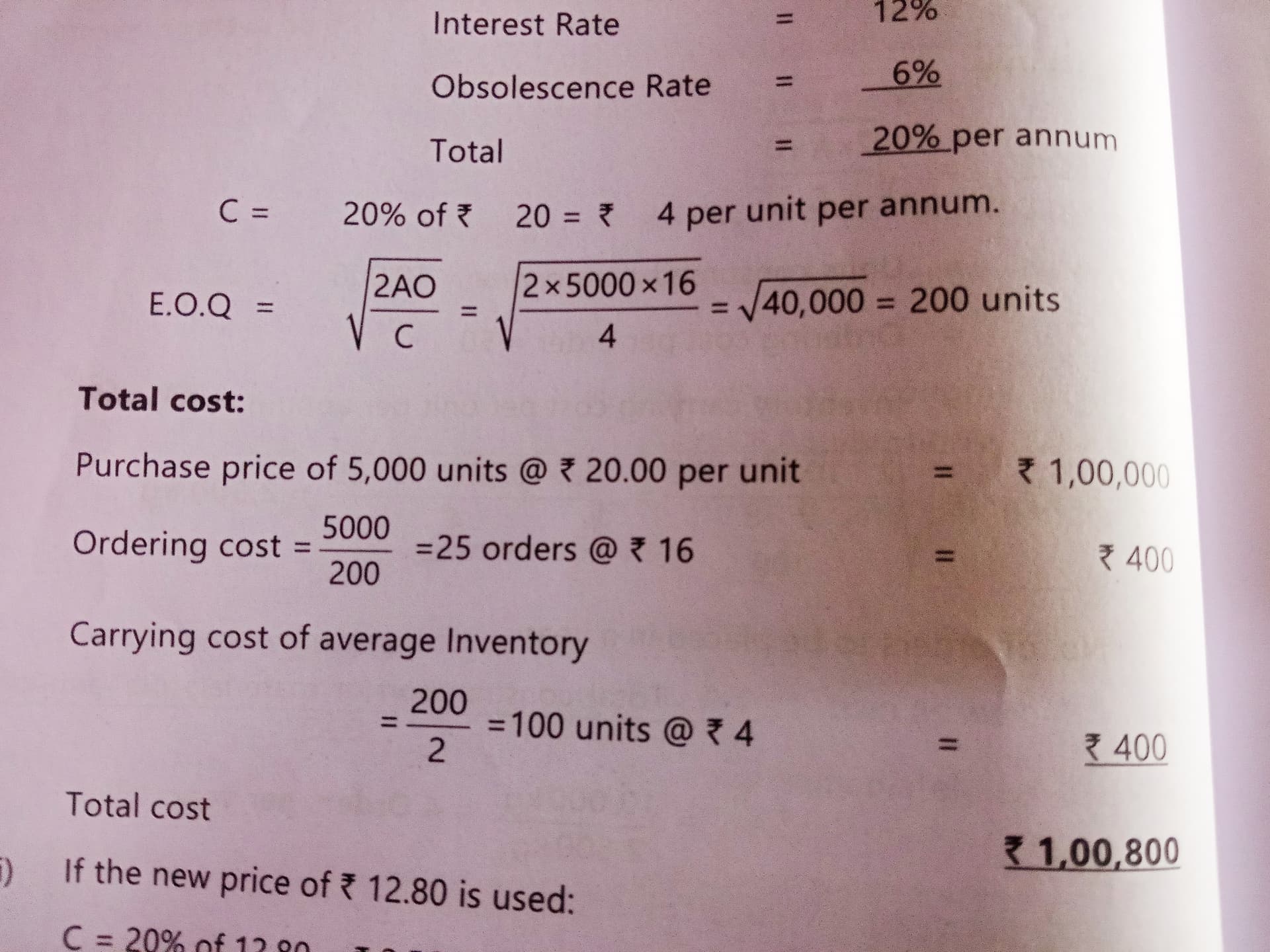Image attached to the doubt: Why carrying cost of average inventory should be taken for total cost instead…