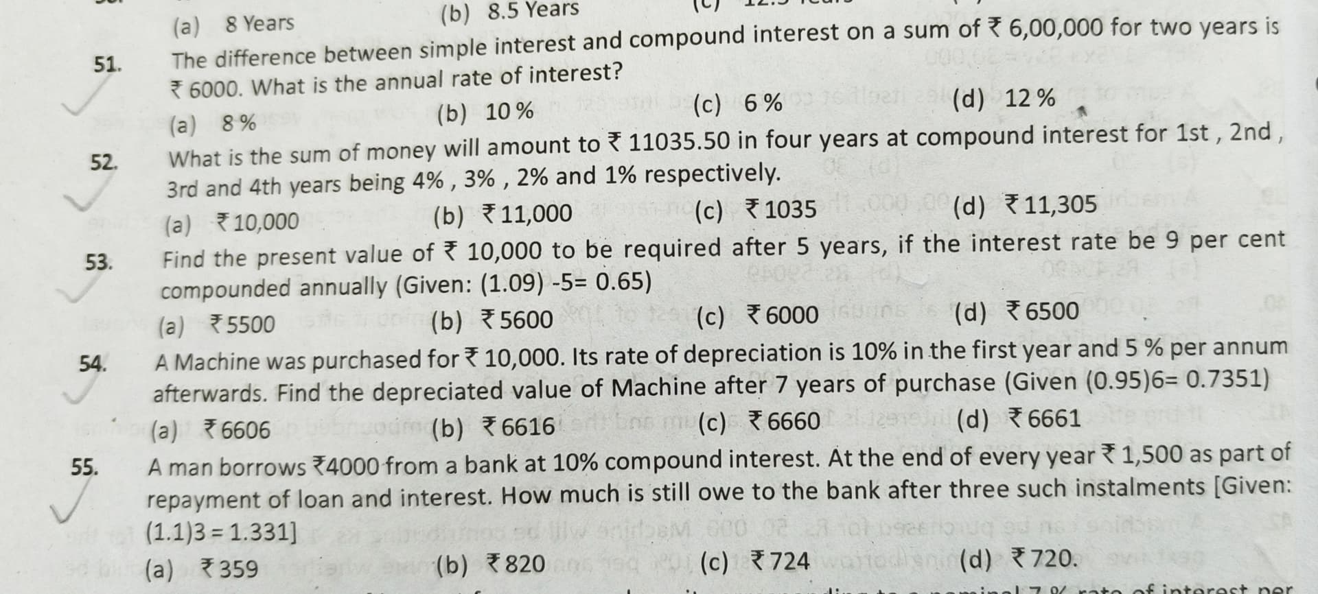 Image attached to the doubt: What are the solution of 51 to 55 sums of maths of finance?