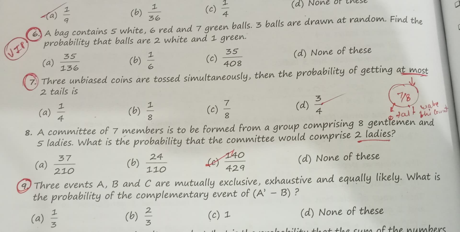 Image attached to the doubt: Solve this problem ca foundation chapter probability. Ans 6 ( c ) 9 ( b )