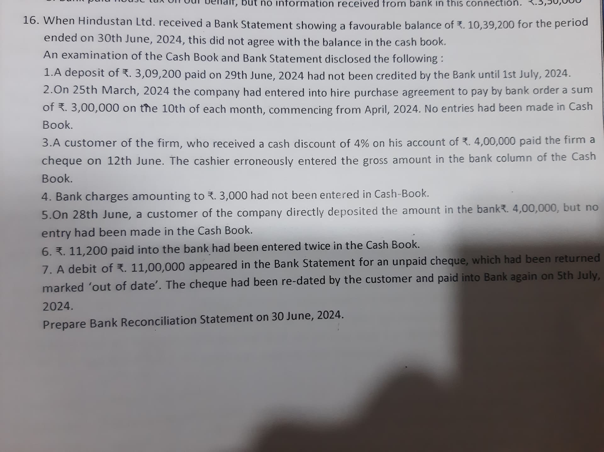 Image attached to the doubt: I want the final answer that is bank balance as per cash book.