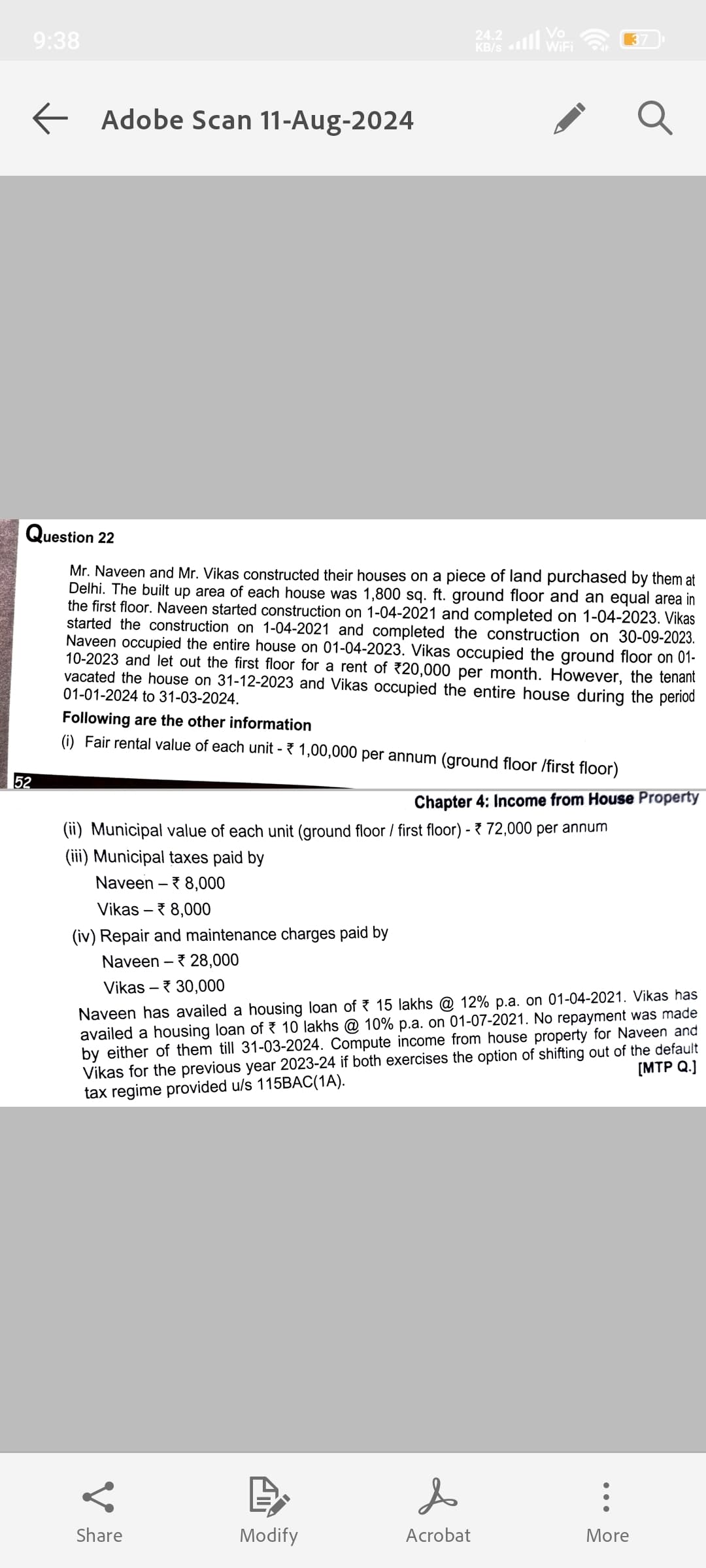 Image attached to the doubt: I request you to provide solution of this question. Topic Income From House…