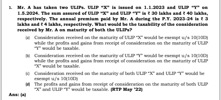 Image attached to the doubt: Why is X exempt. ULIP premium if exceeds 2.5 lakh is taxable right?