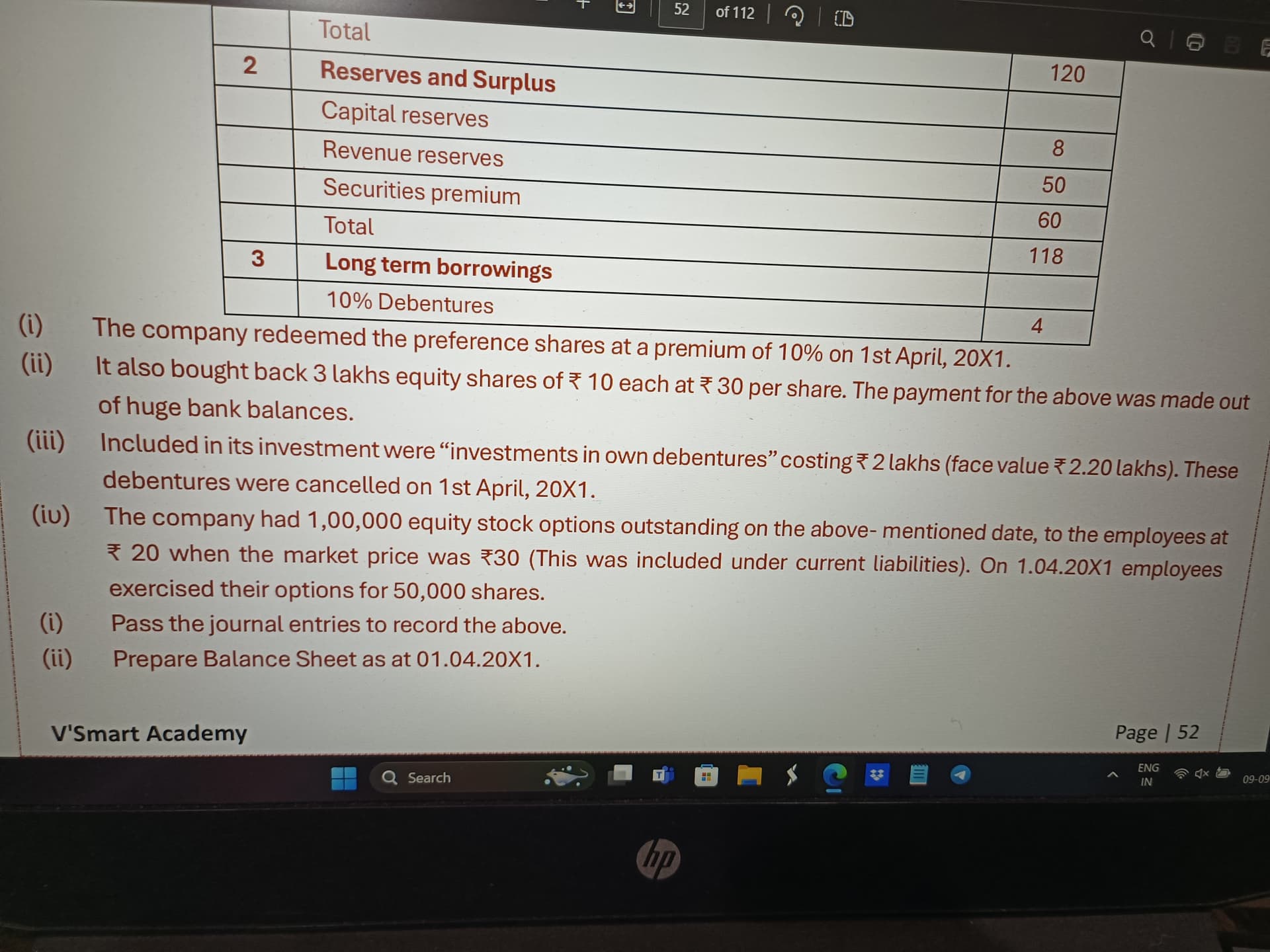 Image attached to the doubt: What will be the treatment if esop outstanding a/c is included in current…