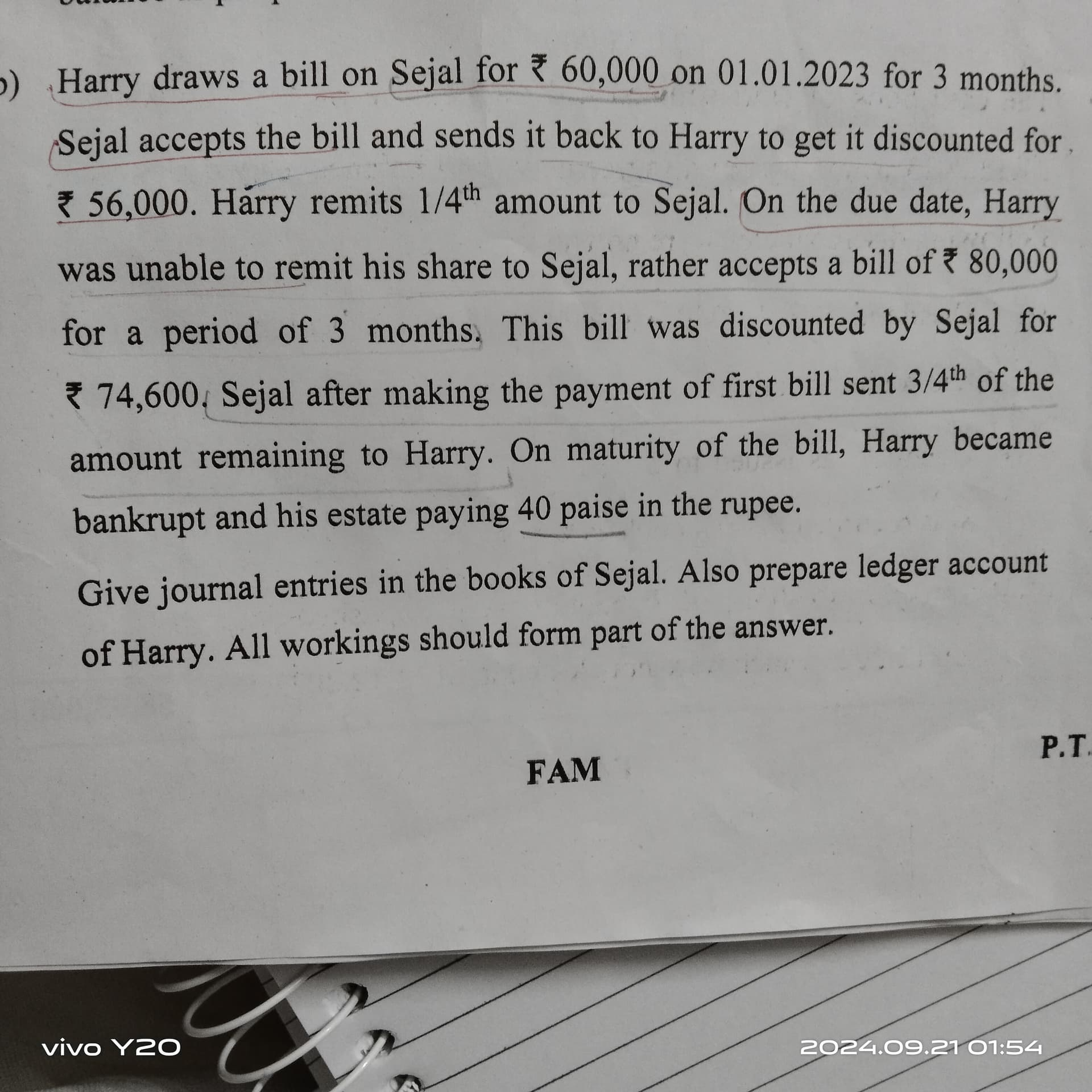 Image attached to the doubt: What amount will be given to harry in the portion of 3/4 ?