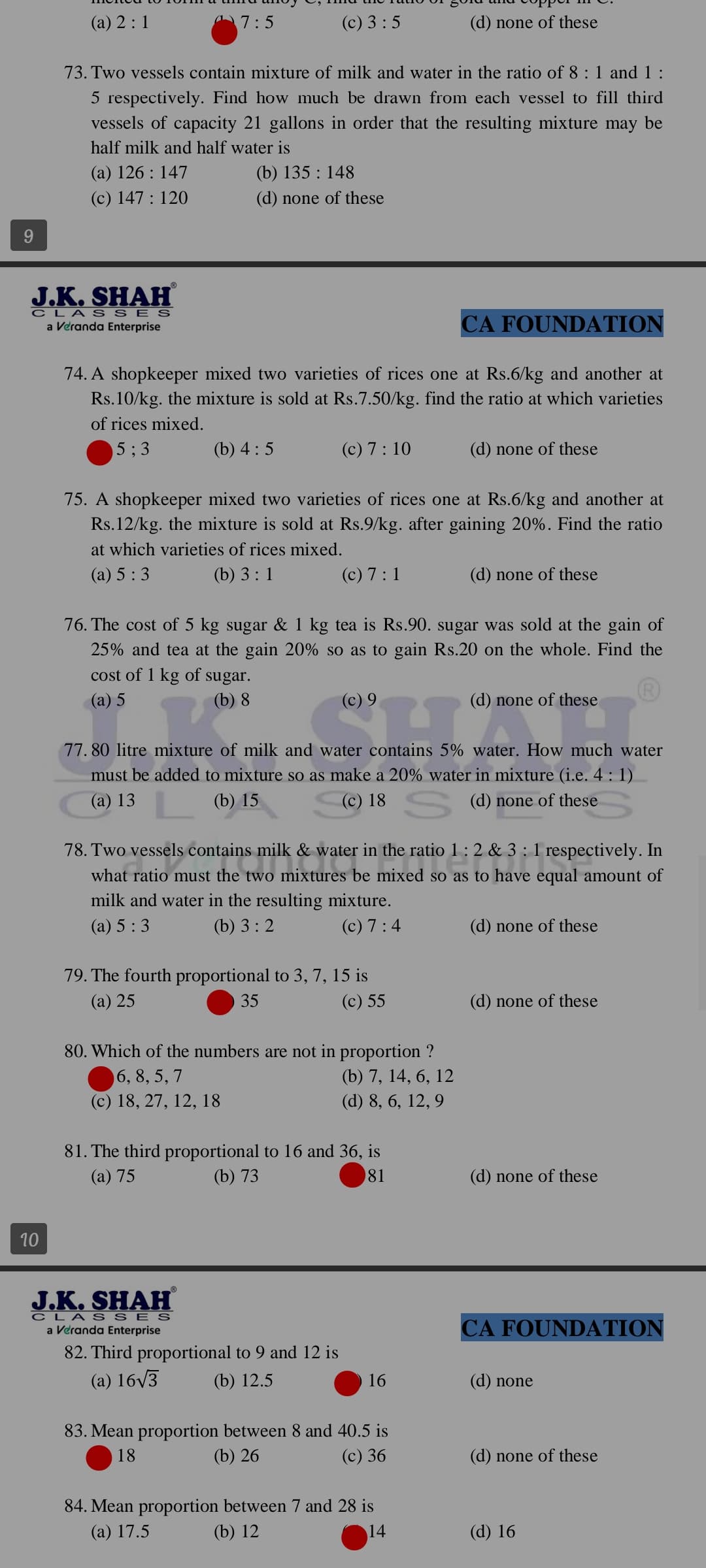 Image attached to the doubt: Please give me answer Q. 73 , 75 to 78