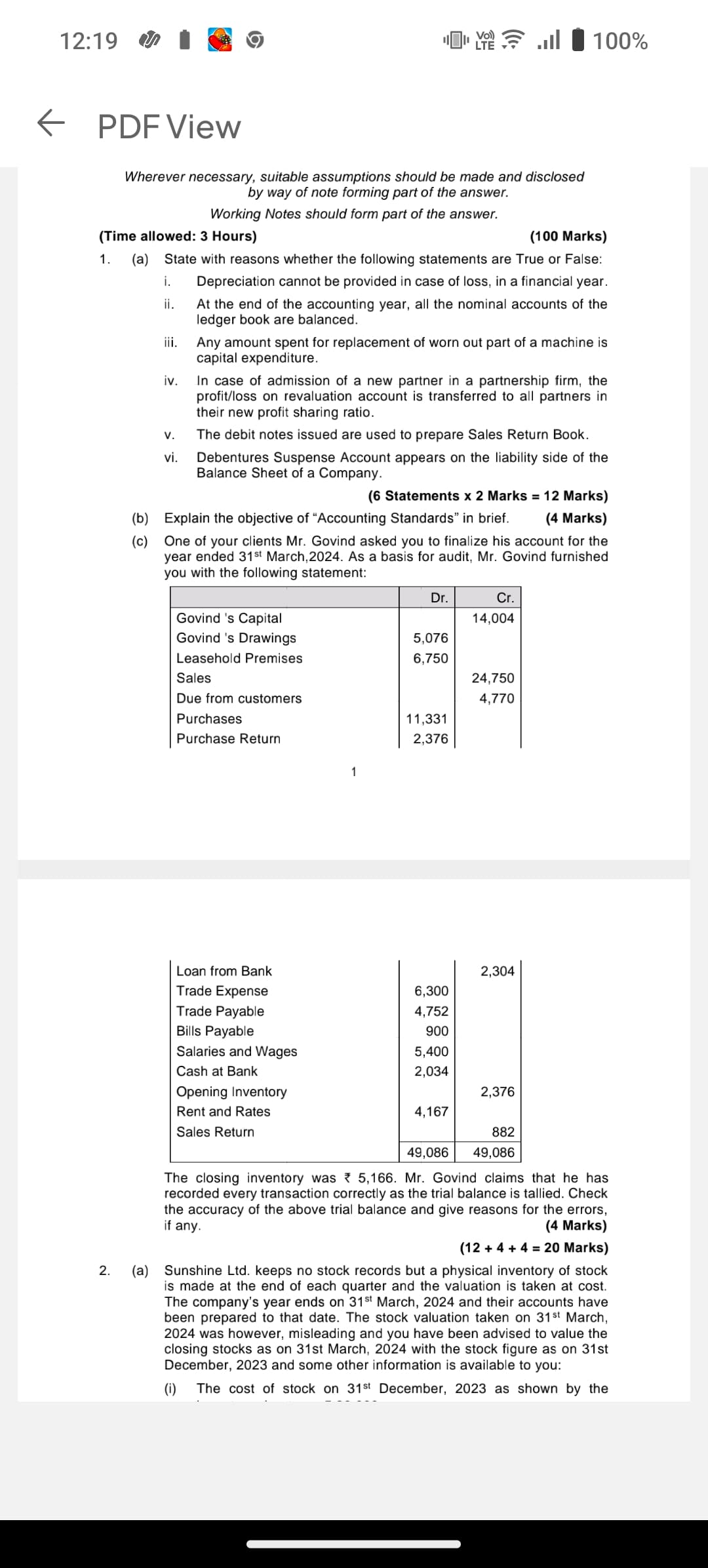 Image attached to the doubt: Trial balance ka answer nhi aa raha haa