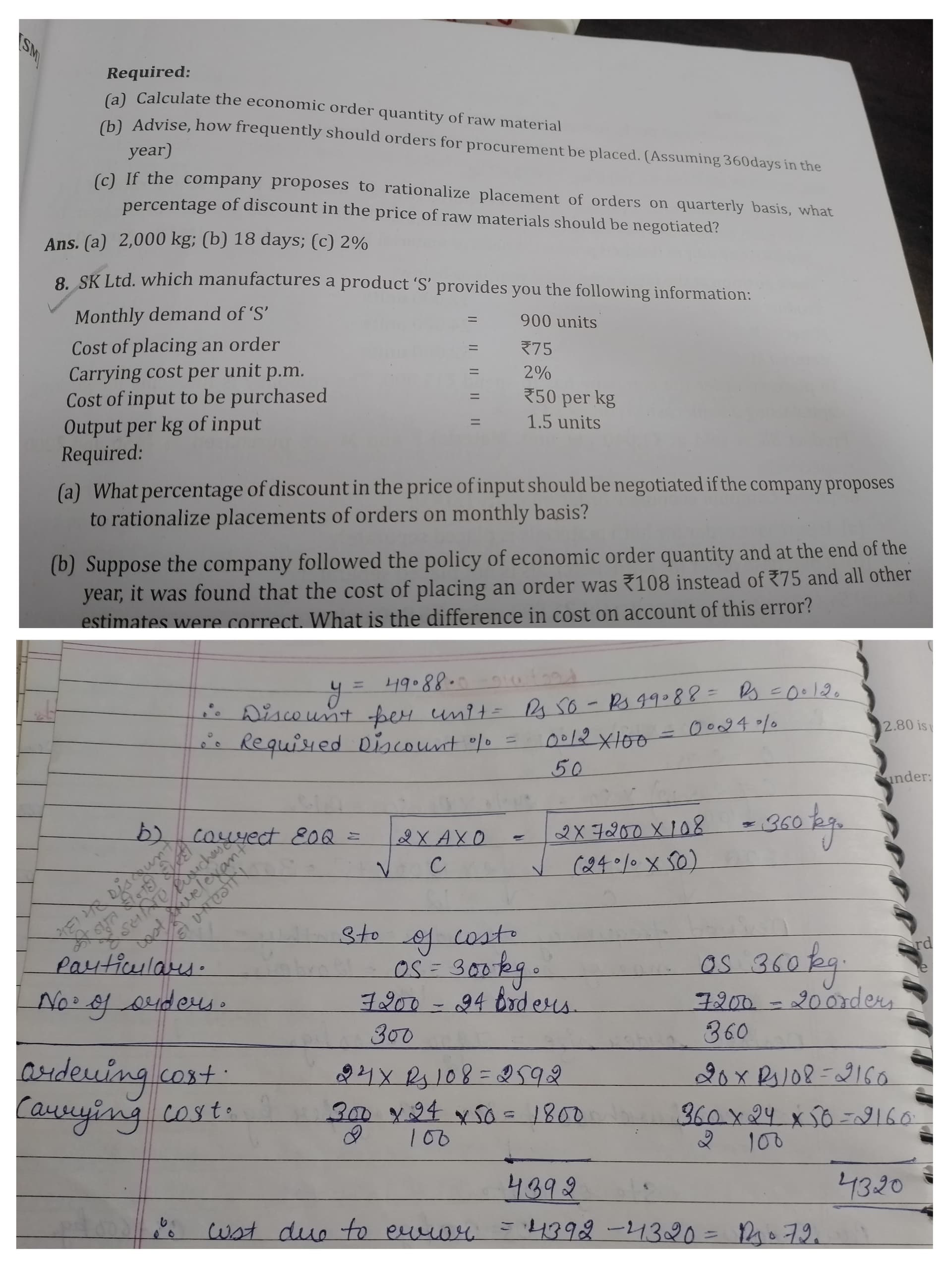 Image attached to the doubt: Is question m jb hm (b) vala solve kr rhe h tb vha purchase cost q nhi le rhe