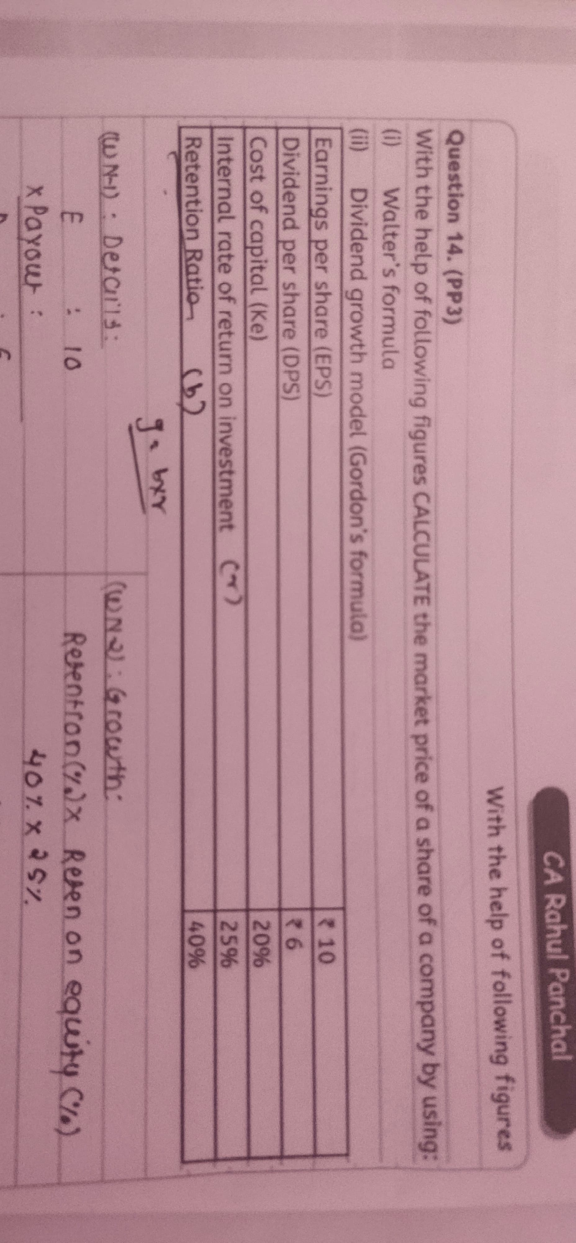 Image attached to the doubt: In this problem..dividend payout is taken 100% in walter model but i have…