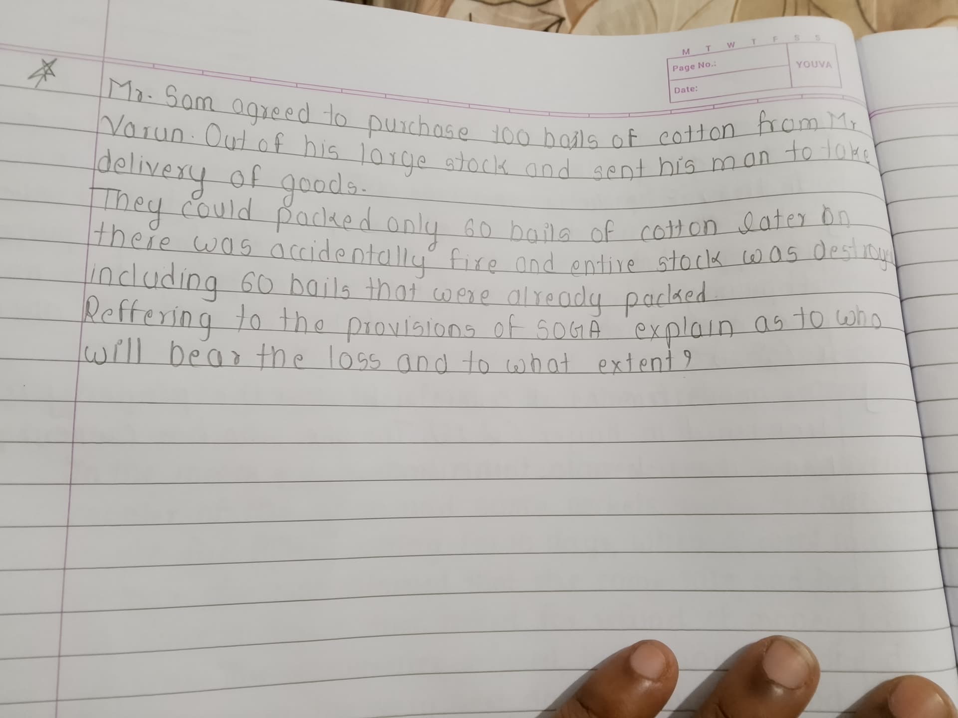 Image attached to the doubt: Can you explain this line that"Mr Sam agreed to purchase 100 bails of cotton…