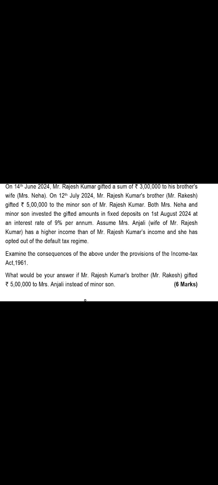 Image attached to the doubt: Question from cross transfer chapter clubbing of income. Rakesh gave 5,00,000…