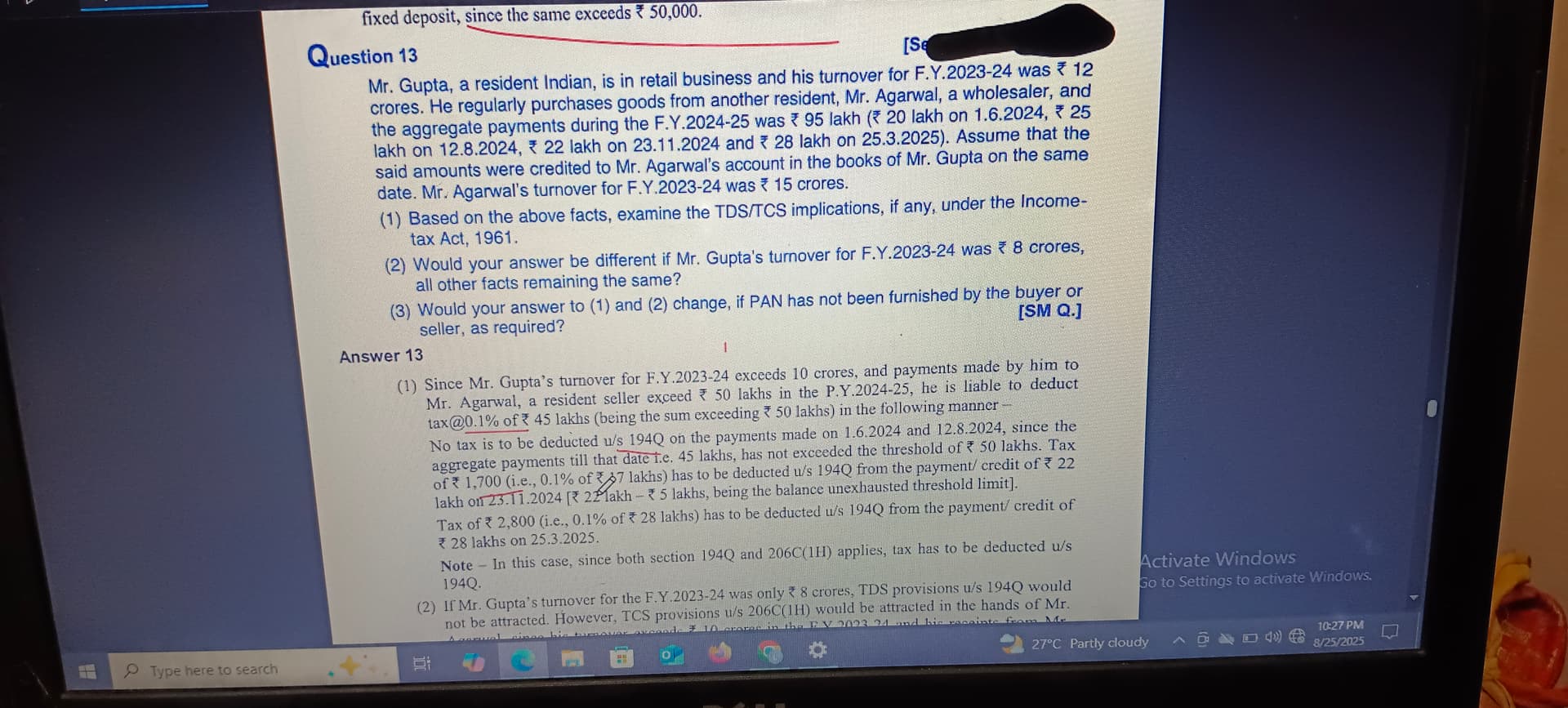 Image attached to the doubt: Anyone help me to solve this doubt i.e. in this solution Tds is calculated on…