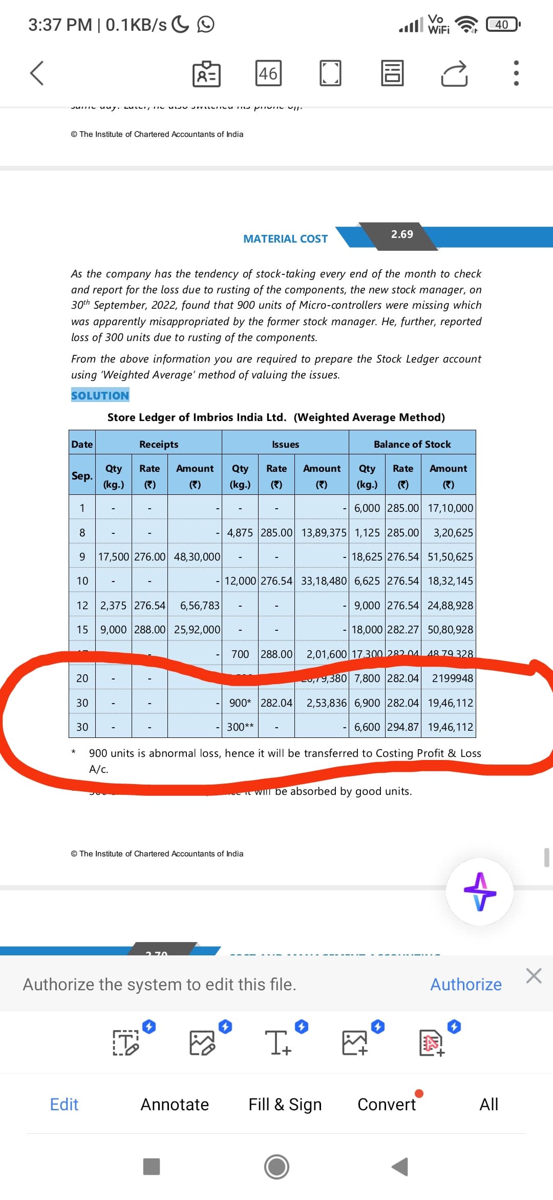 Image attached to the doubt: Yeh que mein 30 sep ko normal and abnormal loss hua hai, toh pehle normal loss…