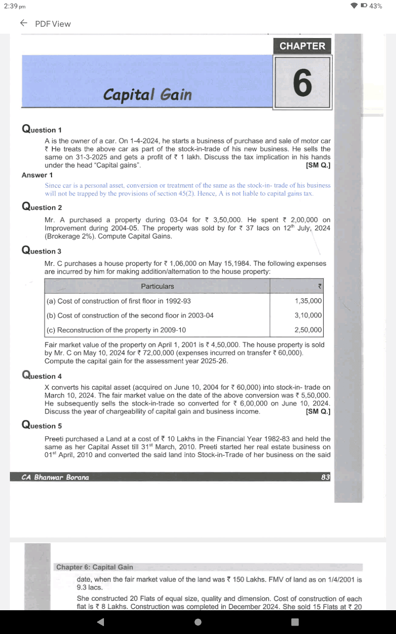 Image attached to the doubt: Can someone share solutions of capital gain chapter's questions given in BB…