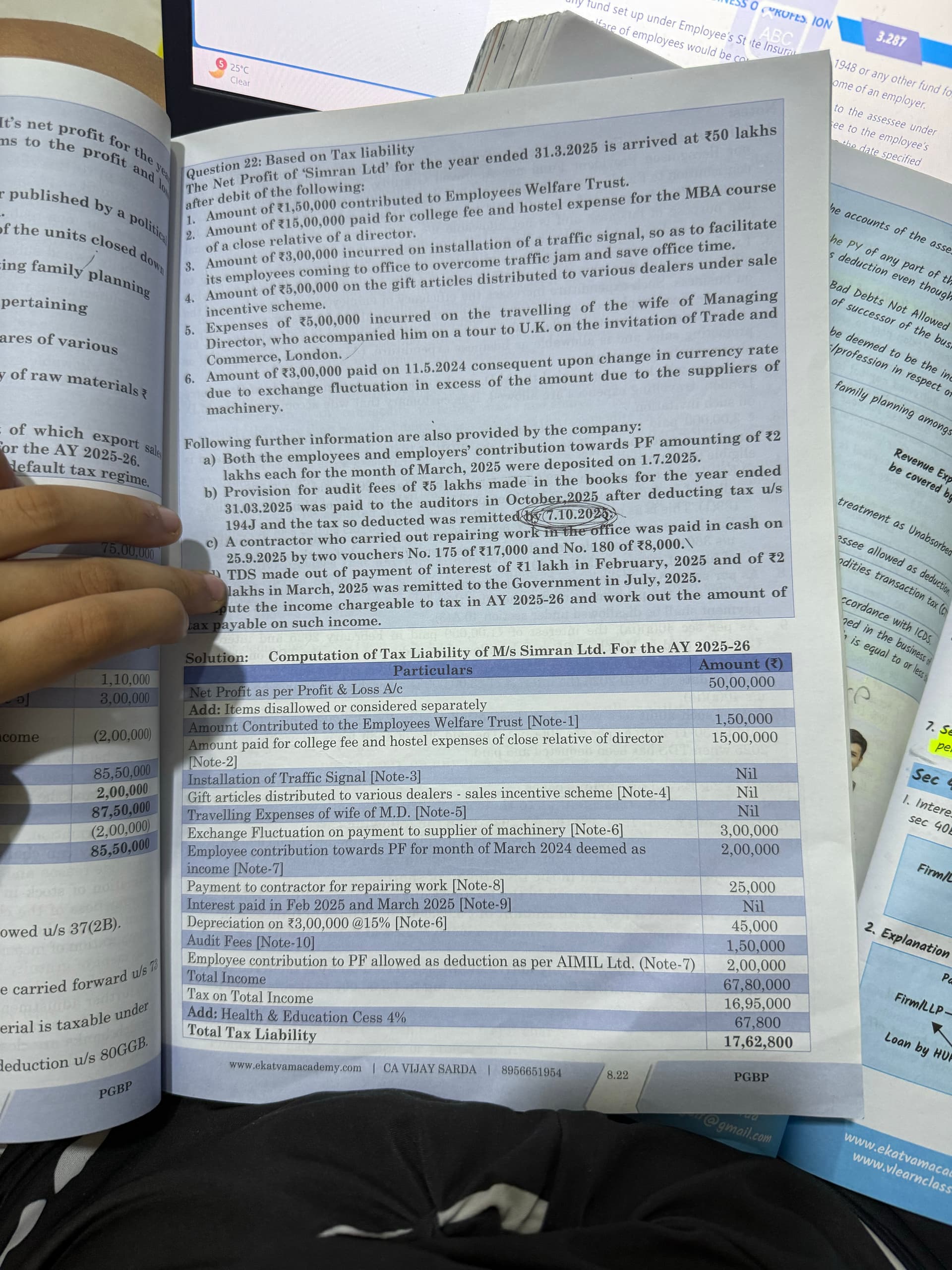 Image attached to the doubt: CA Intermediate - Direct Tax - PGBP b) why is 500000 provision for bad debts…