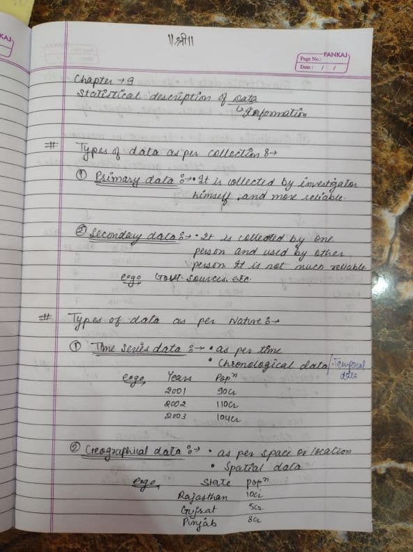 First page of Statistical discription of data