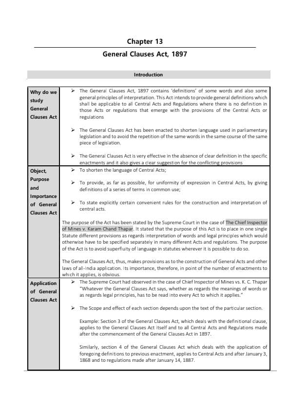 First page of General Clauses Act 1897 Detailed Notes