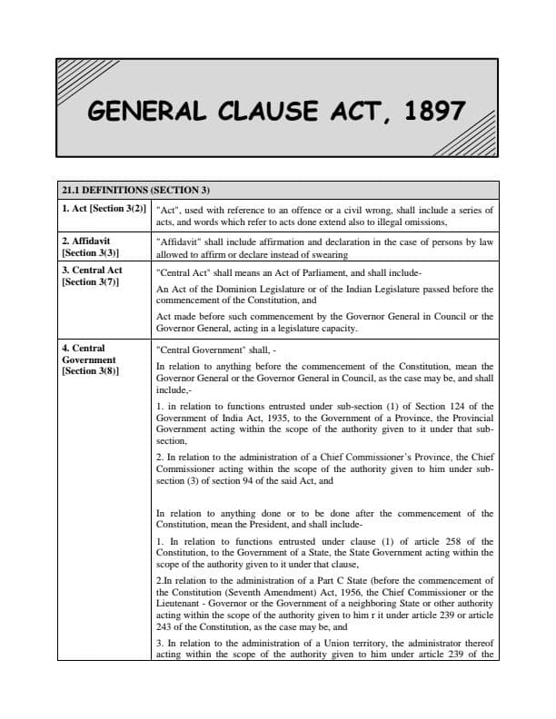 First page of General Clauses Act 1897, Best Concise Notes