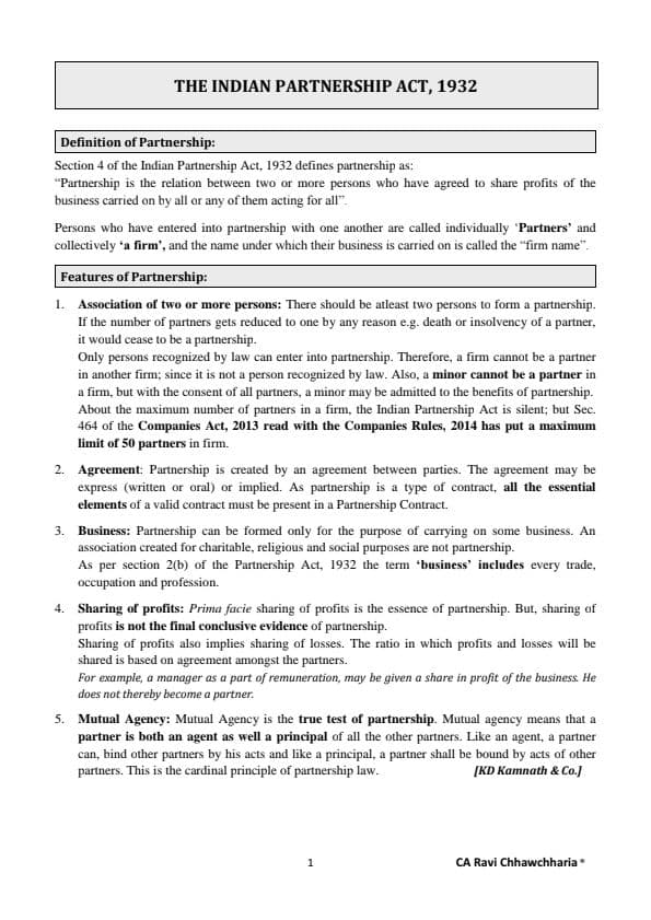 First page of PARTNERSHIP ACT NOTES (RAVI CHHAWCHHARIA)