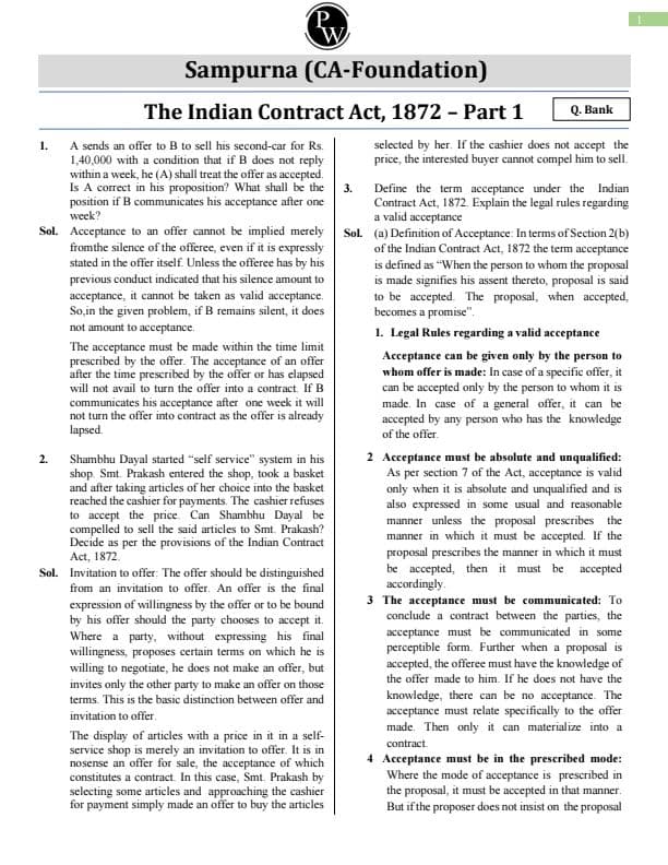 First page of Business Law Question Bank By CA Wallah All Important Questions