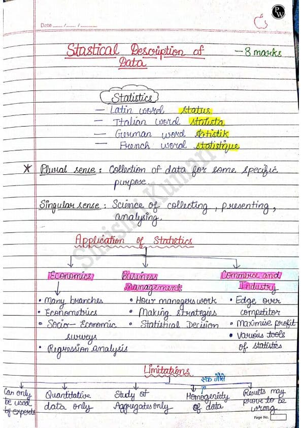 First page of Statistical Discription of Data Hand Written Notes
