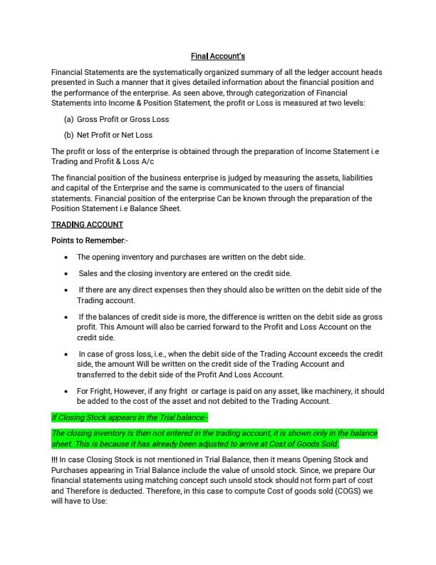 First page of Final Account Notes (As per theory PoV)