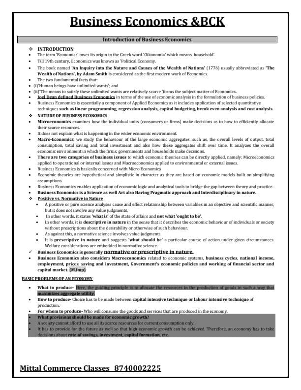 First page of Business economics summary notes with bck