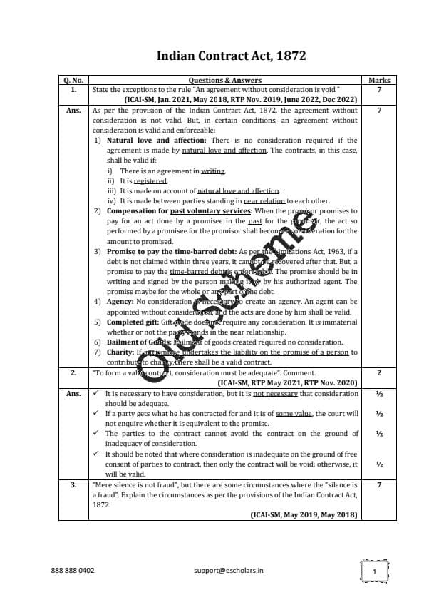 First page of Grooming Education Accedmy law prefect practice book Indian contact Act 1872 All past year question with answer. With step by step guide how to attemp answer in law and get marks according to ICAI.