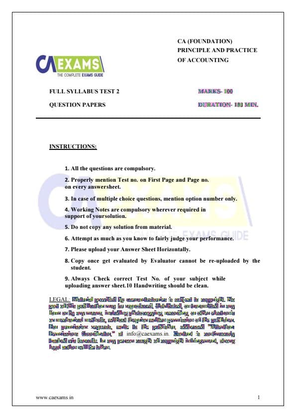 First page of CA Foundation - Full Syllabus Exam 100 Marks By CA Exam Test Series (www.caexama.in) Must Practice for this. Covered 65-70% Similar Questions in each Attempt.