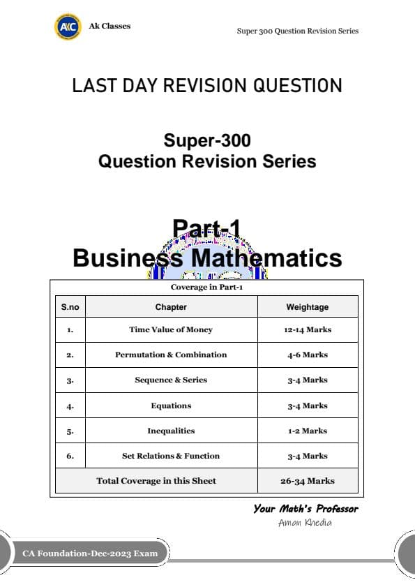 First page of LAST DAY REVISION QUESTIONS FOR MATHS