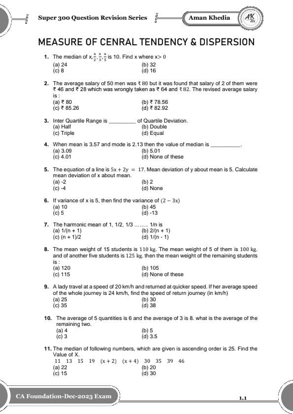 First page of LAST DAY REVISION QUESTIONS FOR STATISTICS