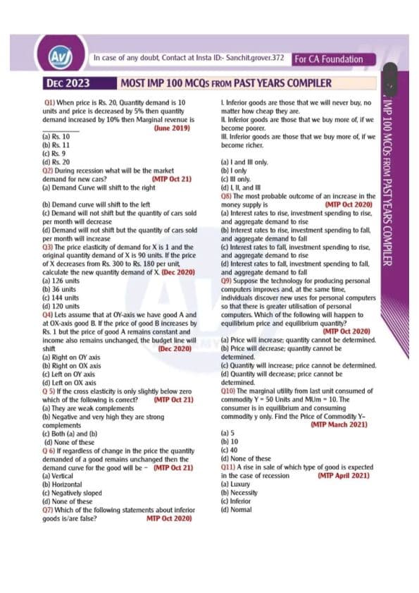 First page of Most imp MCQ From past year Guys must to do (economics)