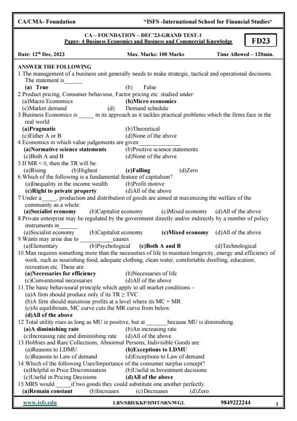 First page of BE and BCK questions with key for last minute practice