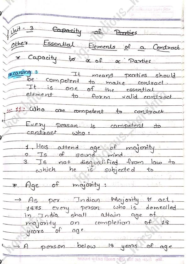 First page of Indian contract act Unit 3 This is handwritten of harshita shared by everyone on this app this is the official owner's account of those
