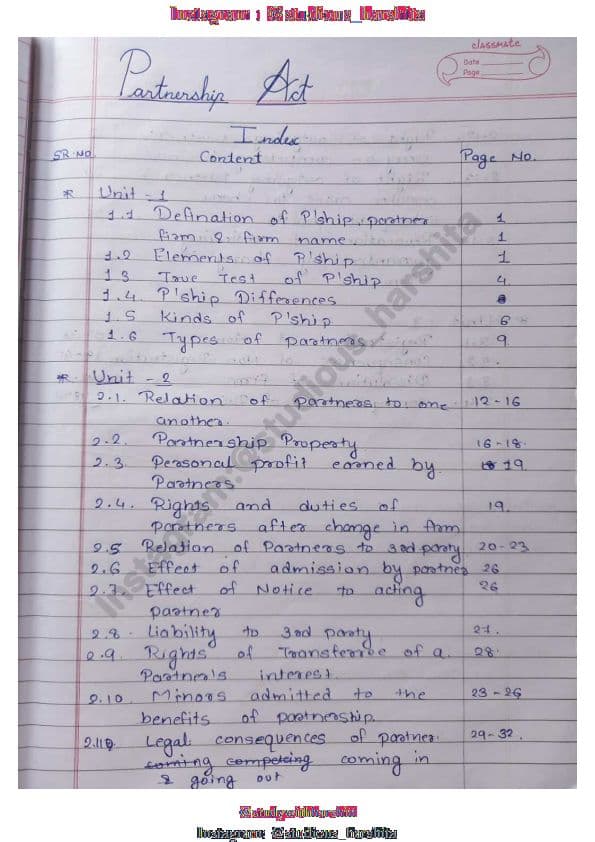 First page of Indian Partnership act detailed notes for foundation made by studious harshita This is handwritten of harshita shared by everyone on this app this is the official owner's account of those handwritten notes