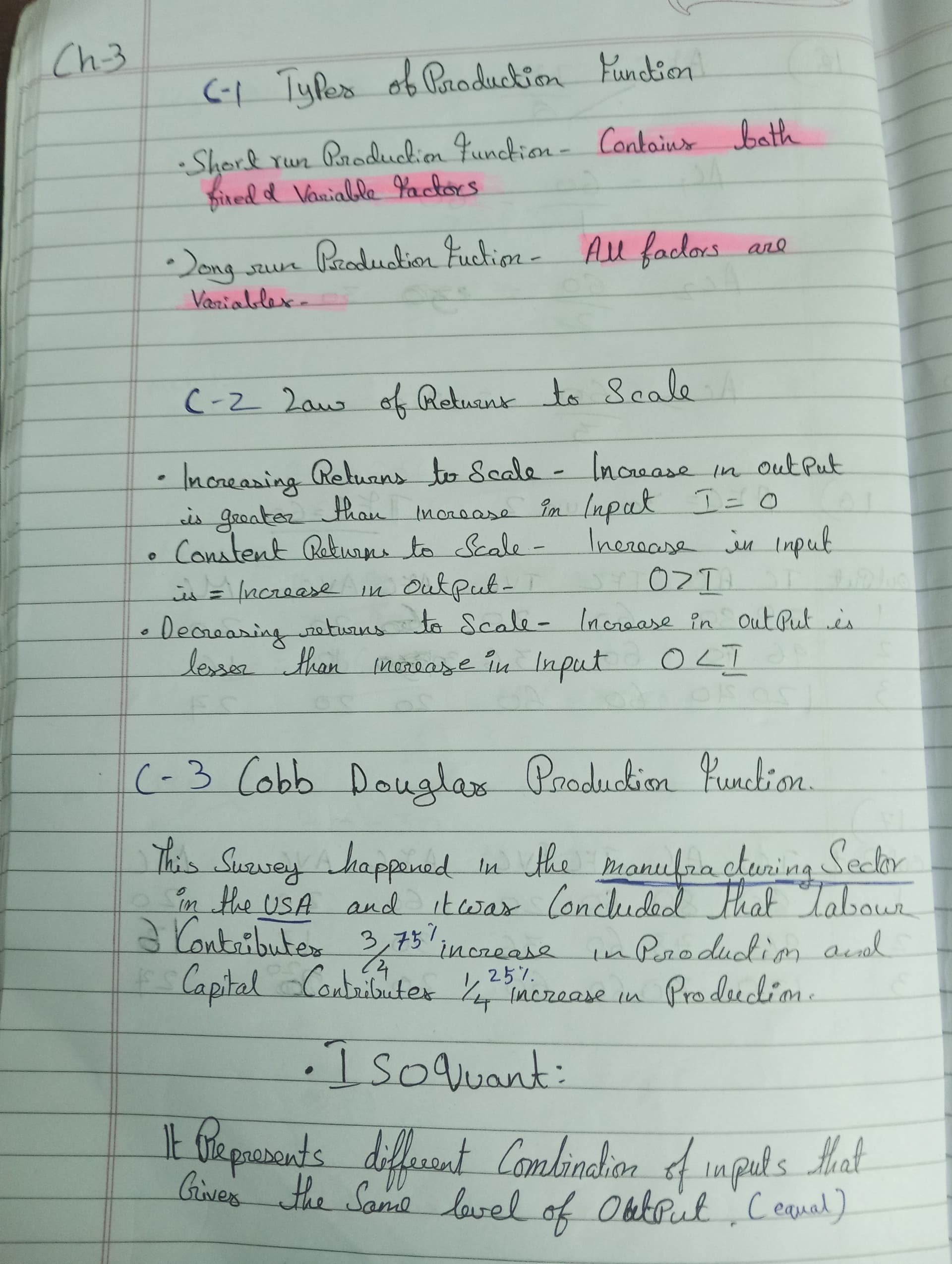 First page of Business economics' chapter -4 Production function 'short notes'