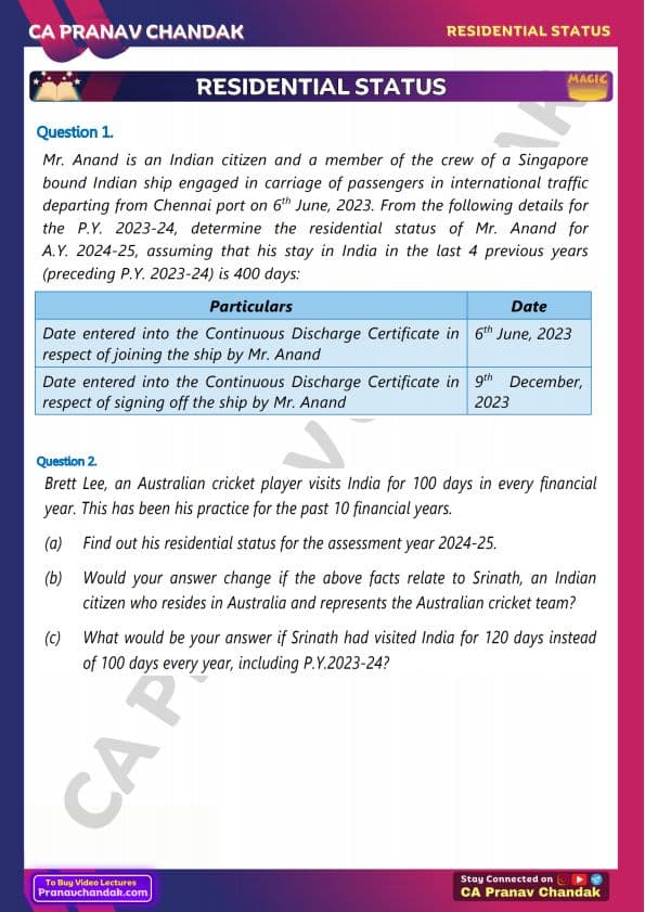 First page of CA Pranav Chandak Fast-track Questions Residential Status
