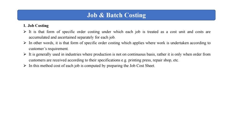 First page of Job and batch costing - summary notes