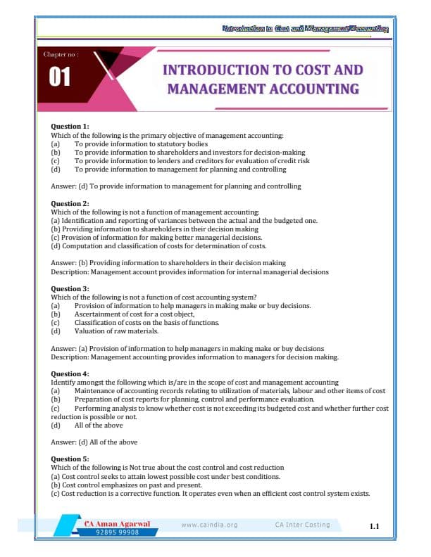 First page of Cost mcq