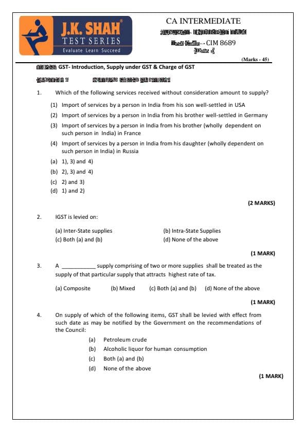 First page of TEST SERIES TOPICS: GST- Introduction, Supply under GST & Charge of GST