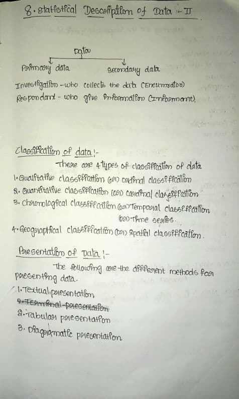 First page of Statistical description of data theory notes