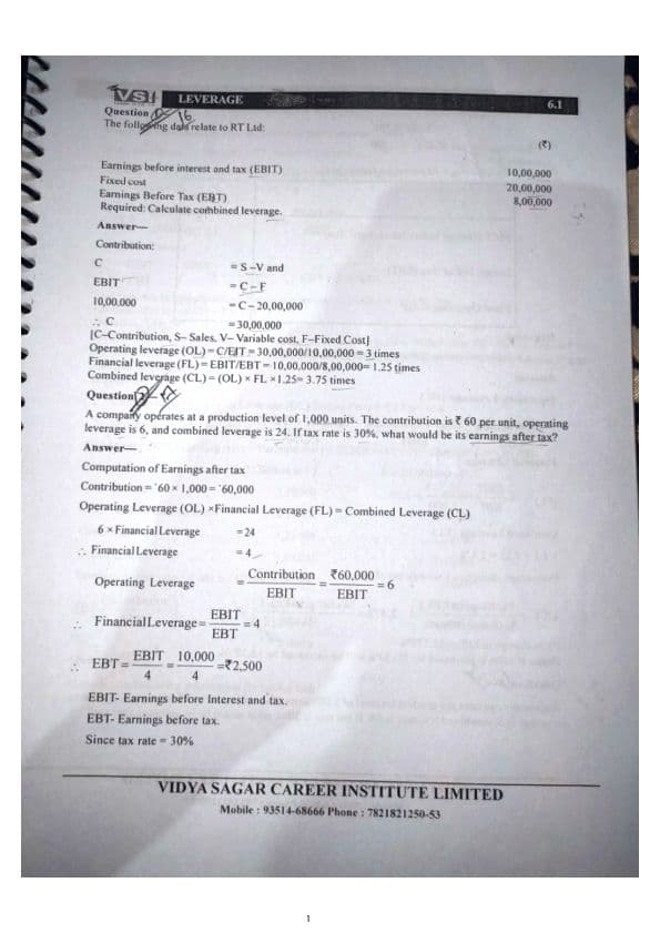 First page of FM Leverage important questions with solutions of VSI classes Jaipur