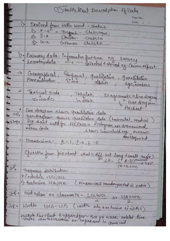 First page of Statistical description of data finest notes