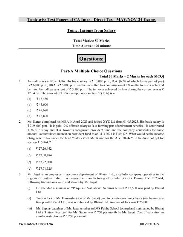 First page of Question of Test practice paper of head SALARIES set by CA Bhanwar Borana sir. Follow for more.