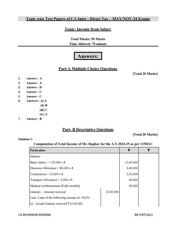 First page of Solution of Test practice paper of head SALARIES set by CA Bhanwar Borana sir. Follow for more.