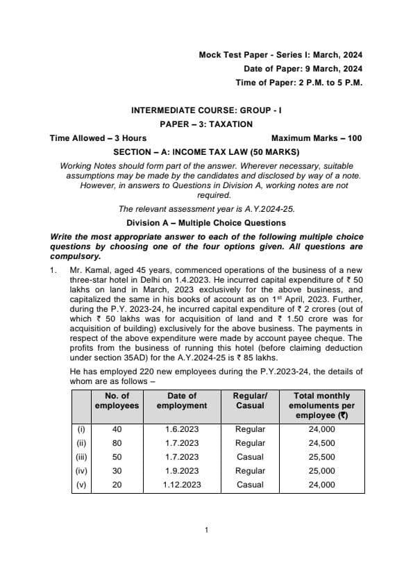 First page of MTP Tax question paper issued by ICAI for May24 exams. Follow for more.