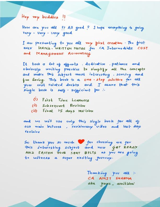 First page of Costing Handwritten Notes